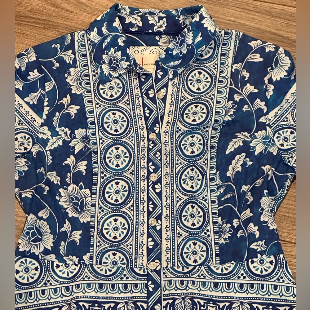 NWOT Anthropologie Printed Button Front Shirt Dress Blue and White Size XS - Picture 6 of 12